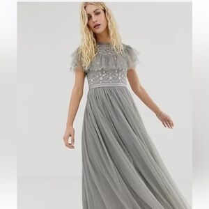 Like new! Needle & Thread embroidered bodice tulle gown in ash gray!